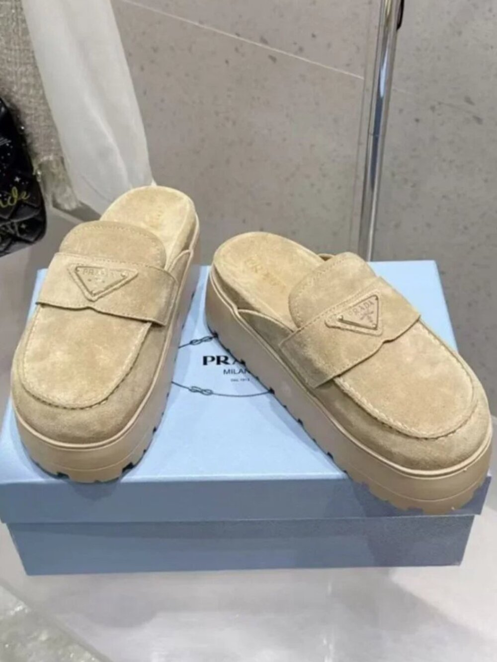 Prada Beige Suede Platform Mule Slides